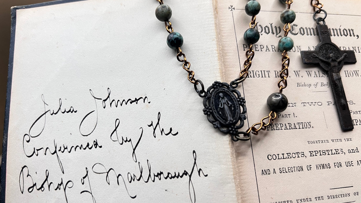 Sacred Heart & St. Benedict Rosary: A Study in Pyrite, Turquoise, and Patinated Bronze