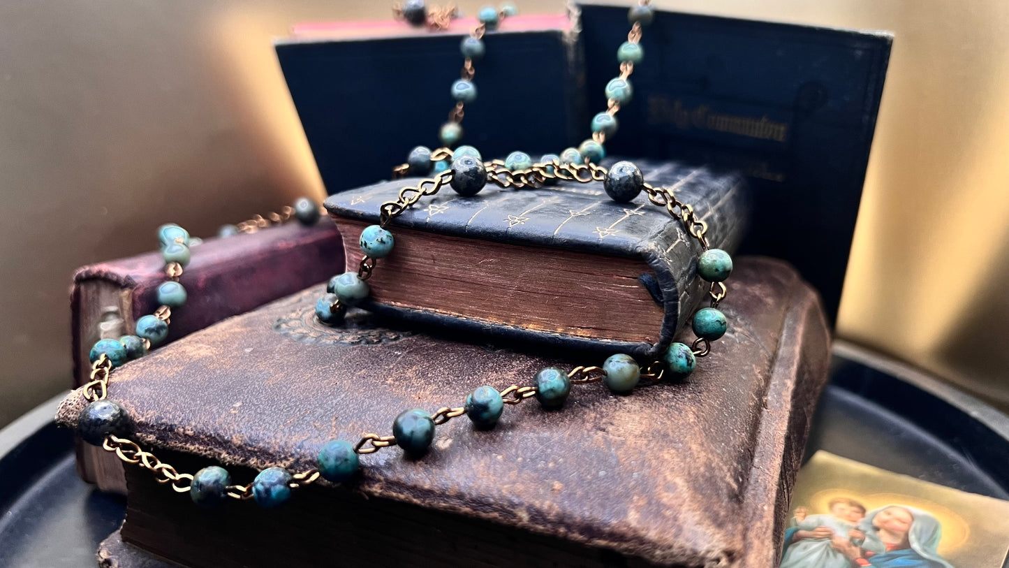 Sacred Heart & St. Benedict Rosary: A Study in Pyrite, Turquoise, and Patinated Bronze