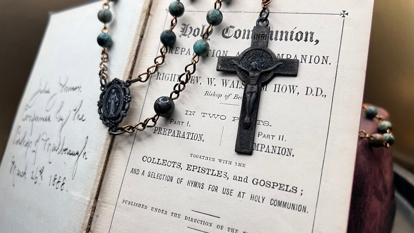 Sacred Heart & St. Benedict Rosary: A Study in Pyrite, Turquoise, and Patinated Bronze
