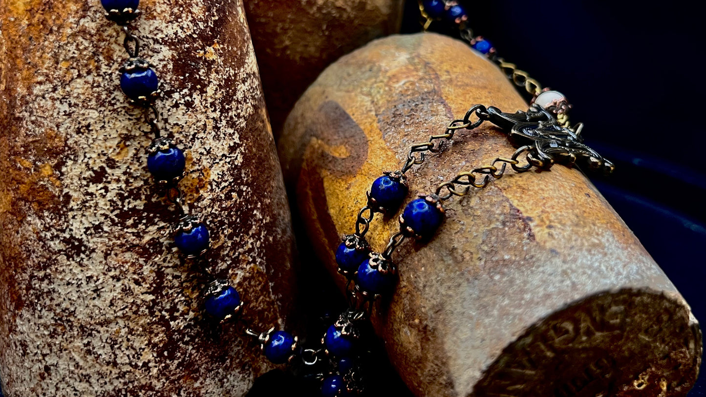 Handcrafted Rosary: Brass, Lapis Lazuli, and Fossil Stone