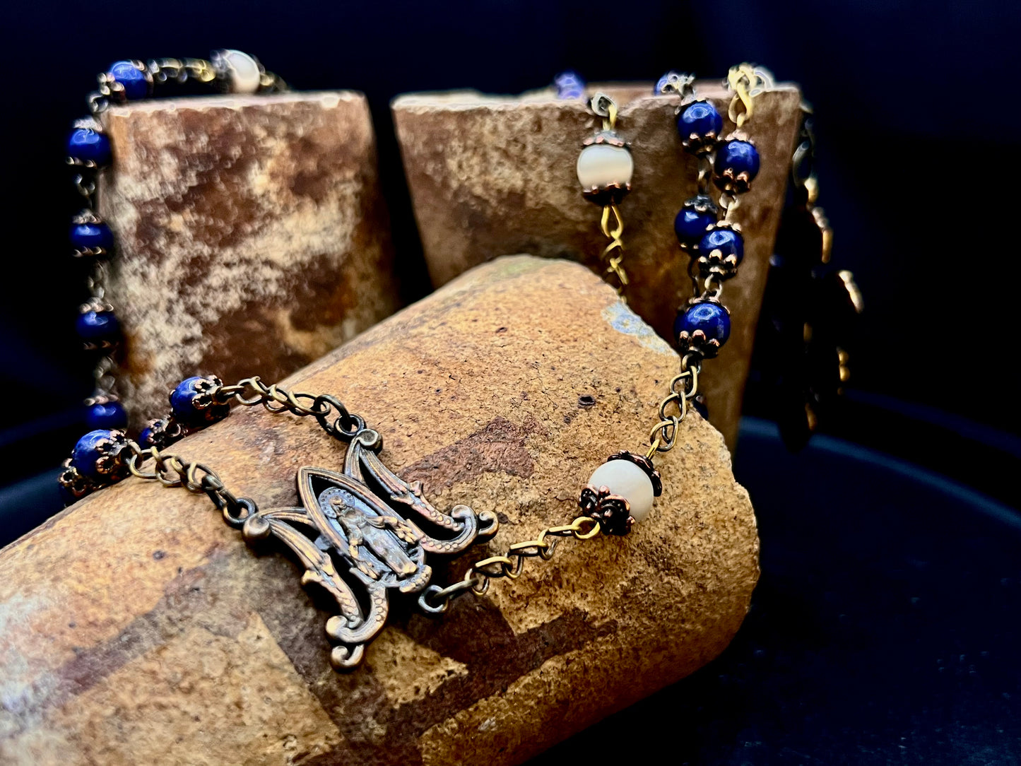 Handcrafted Rosary: Brass, Lapis Lazuli, and Fossil Stone