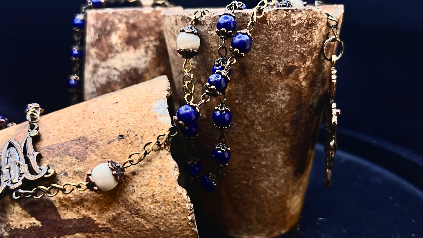 Handcrafted Rosary: Brass, Lapis Lazuli, and Fossil Stone