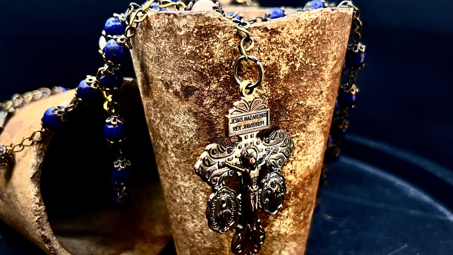 Handcrafted Rosary: Brass, Lapis Lazuli, and Fossil Stone