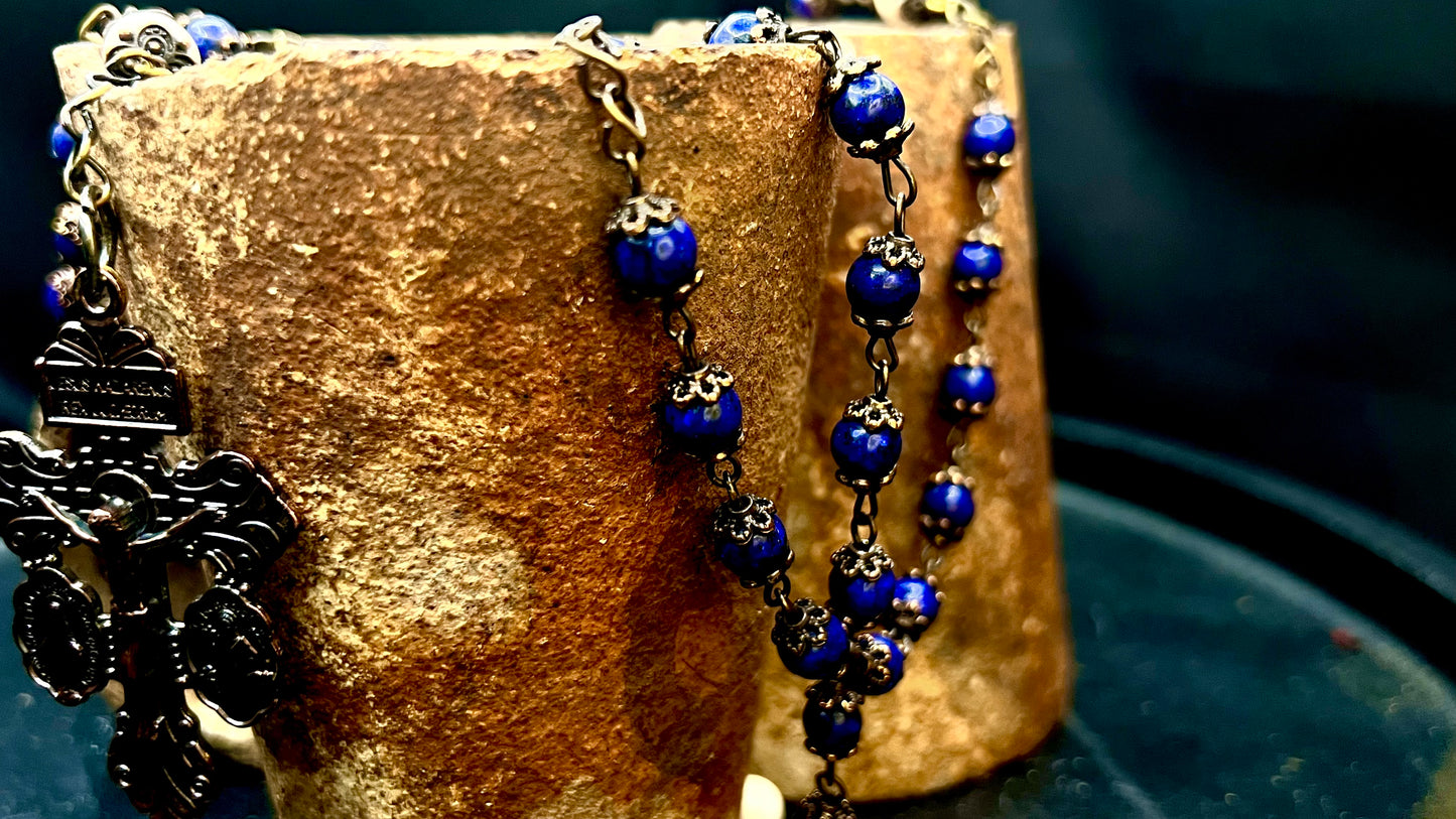 Handcrafted Rosary: Brass, Lapis Lazuli, and Fossil Stone