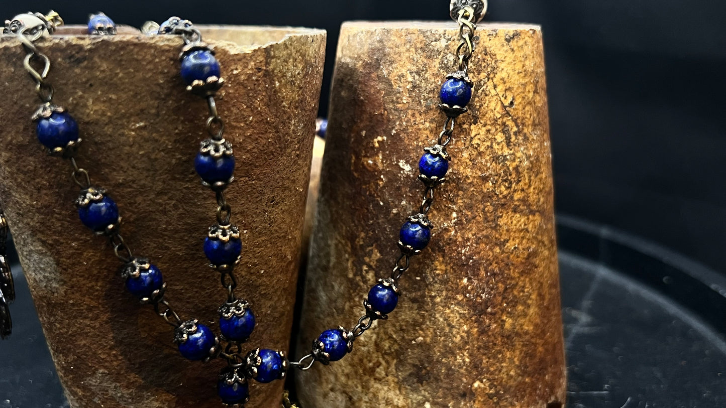 Handcrafted Rosary: Brass, Lapis Lazuli, and Fossil Stone