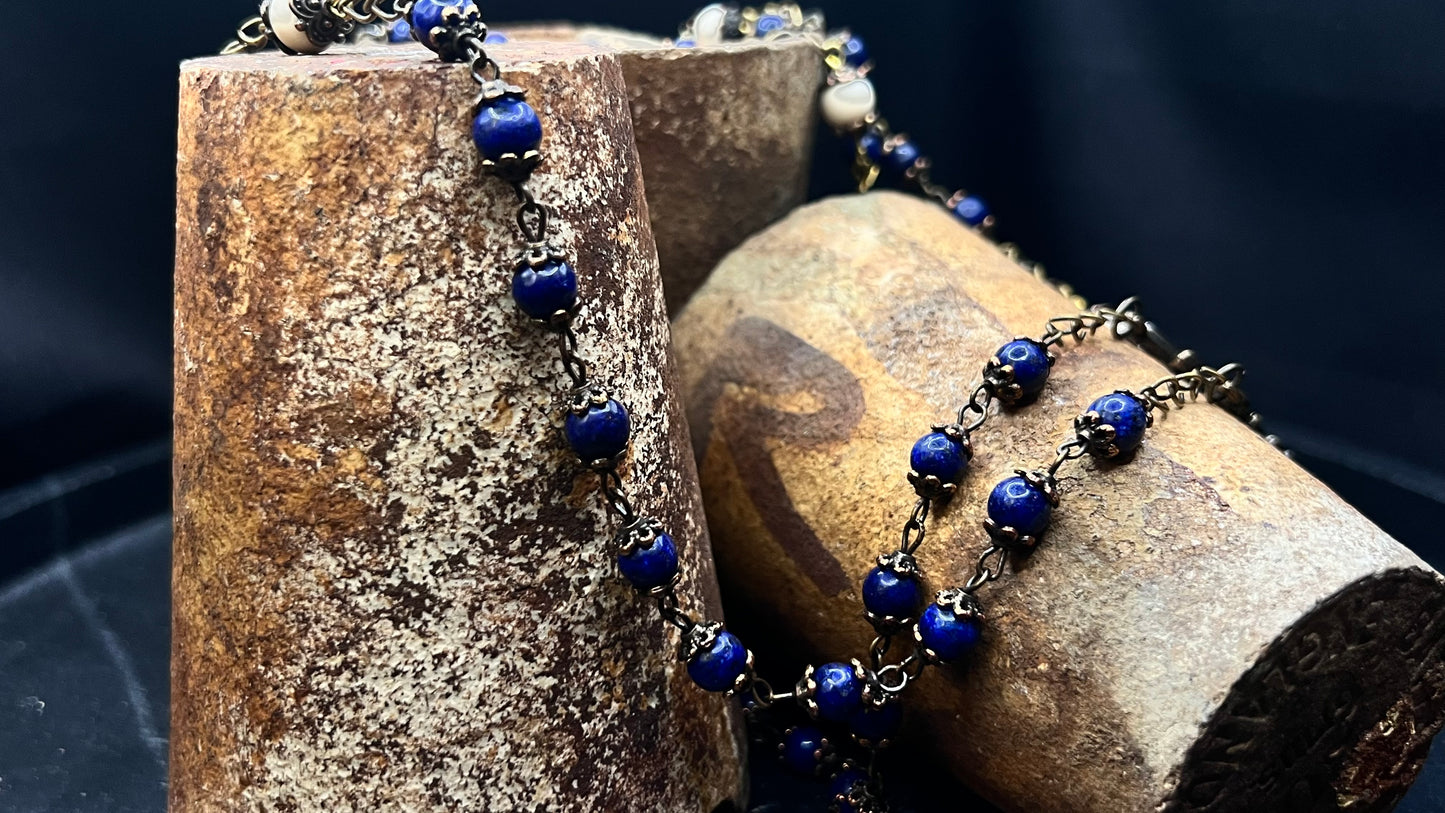 Handcrafted Rosary: Brass, Lapis Lazuli, and Fossil Stone