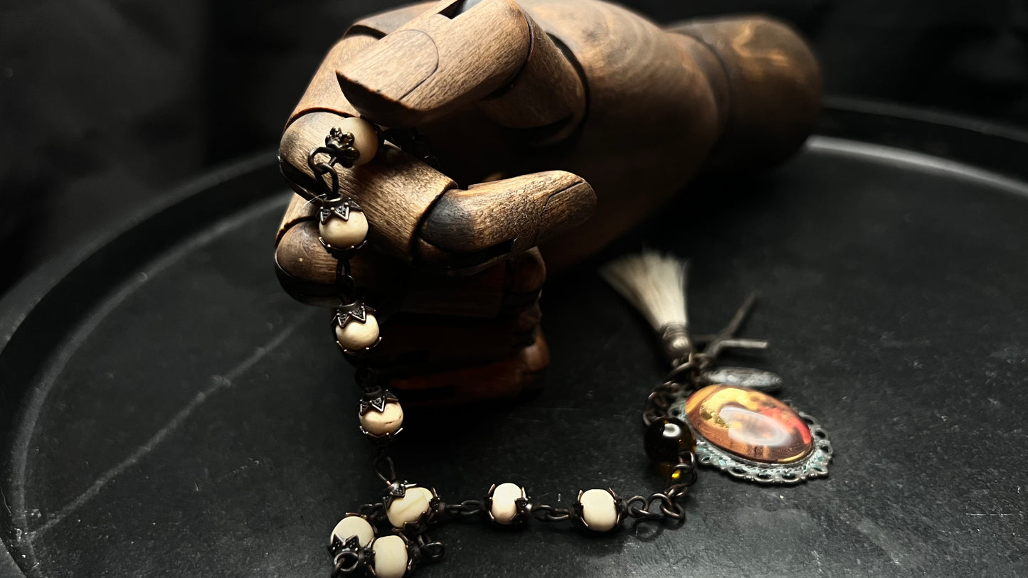 Bone and Amber Tenner Rosary with Icon Cabochon