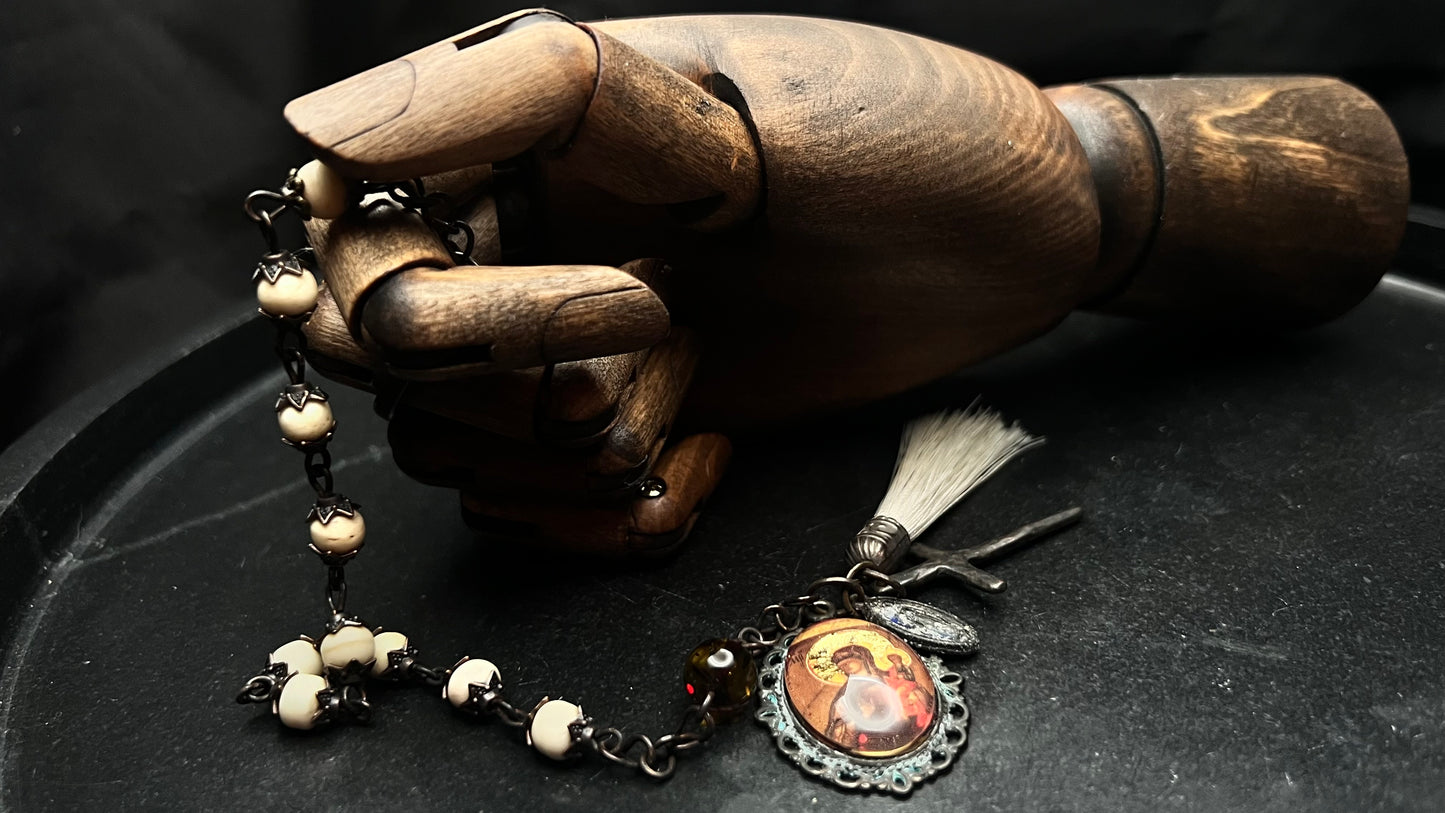 Bone and Amber Tenner Rosary with Icon Cabochon