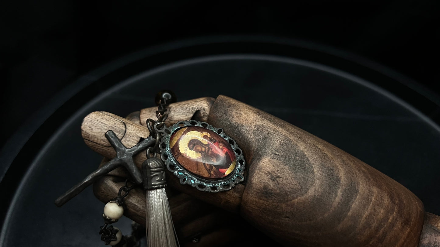 Bone and Amber Tenner Rosary with Icon Cabochon
