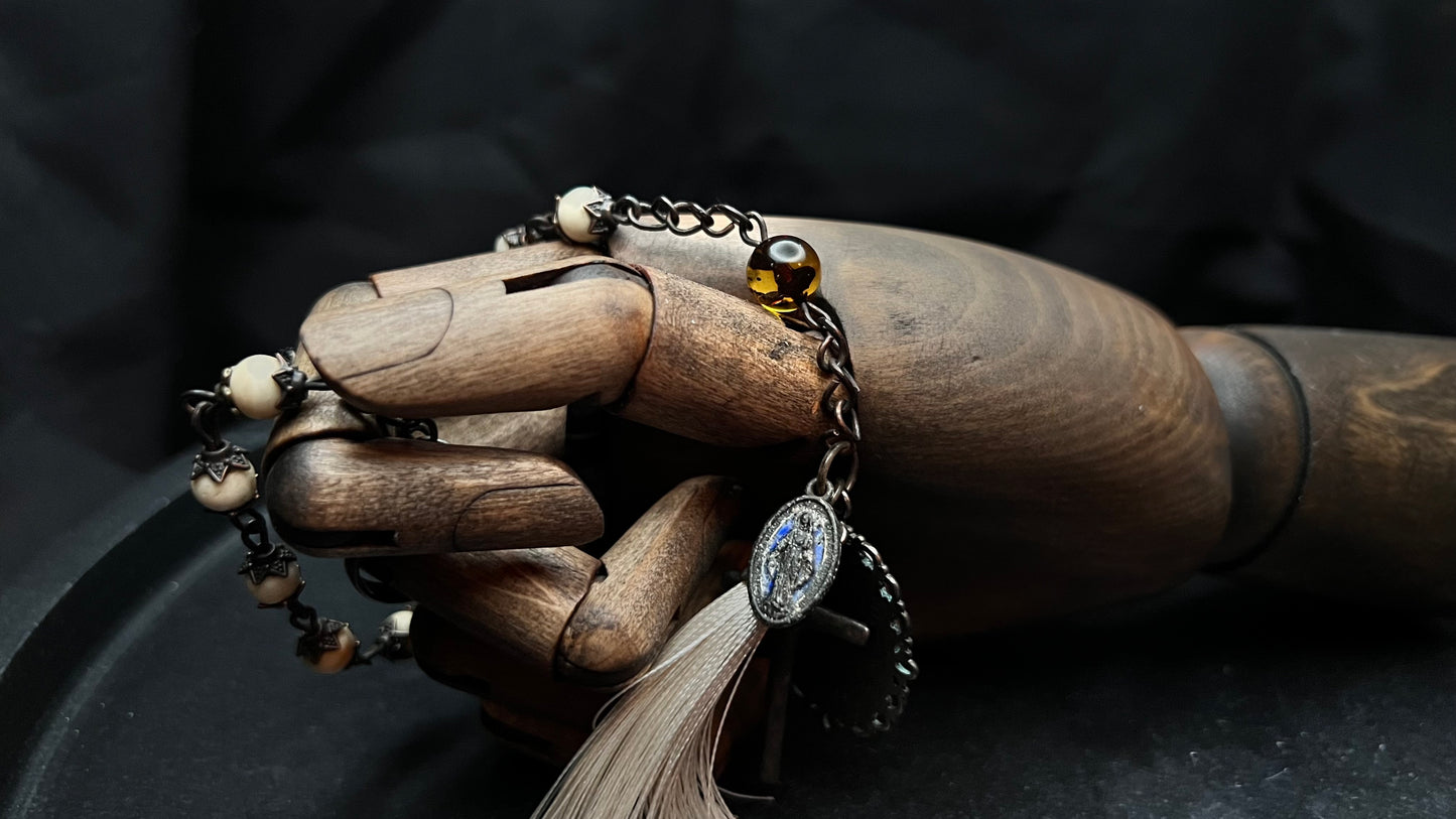 Bone and Amber Tenner Rosary with Icon Cabochon