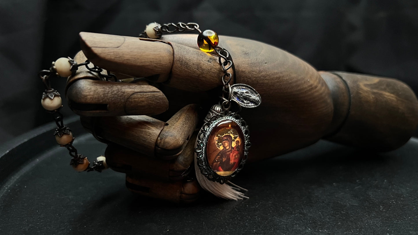 Bone and Amber Tenner Rosary with Icon Cabochon