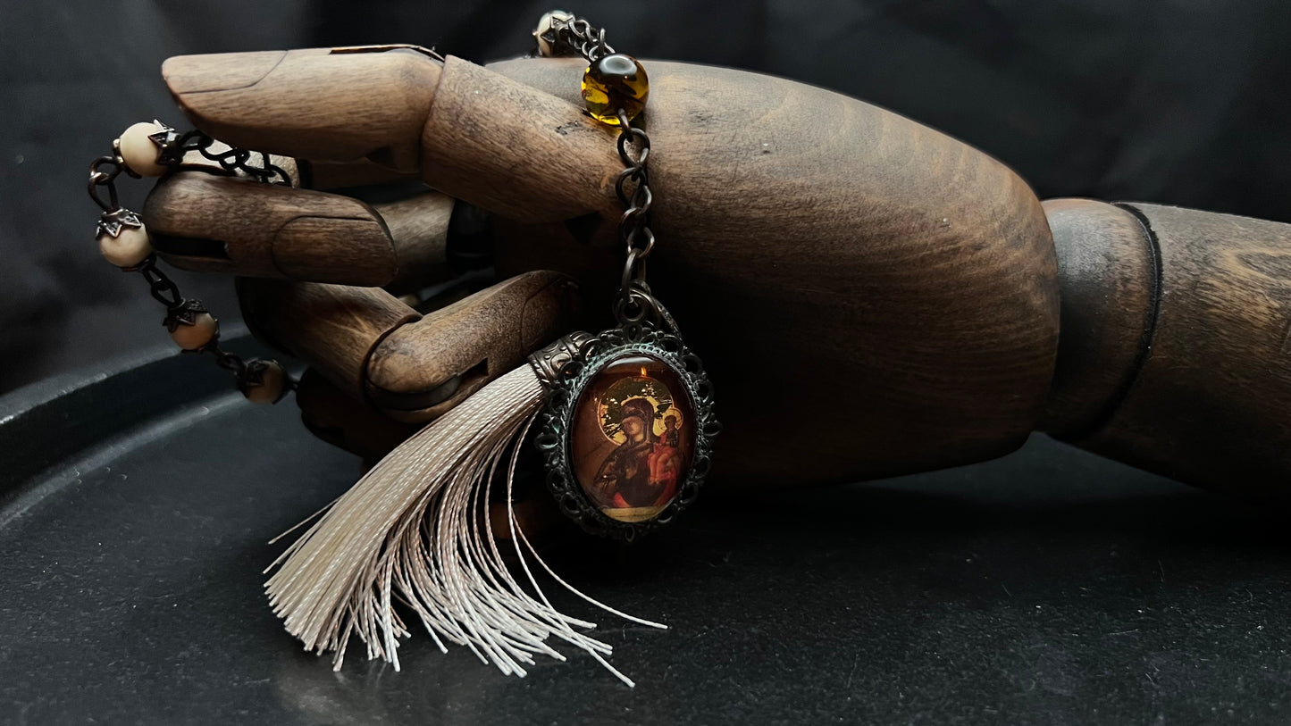 Bone and Amber Tenner Rosary with Icon Cabochon