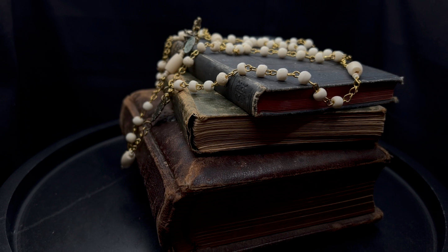 Artisan Bone Rosary with Hand-Forged Wire and Symbolic Emblems