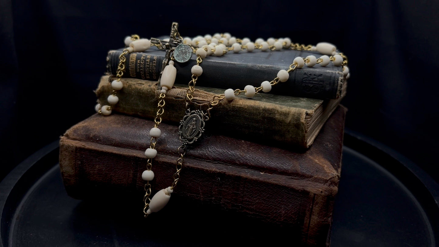 Artisan Bone Rosary with Hand-Forged Wire and Symbolic Emblems