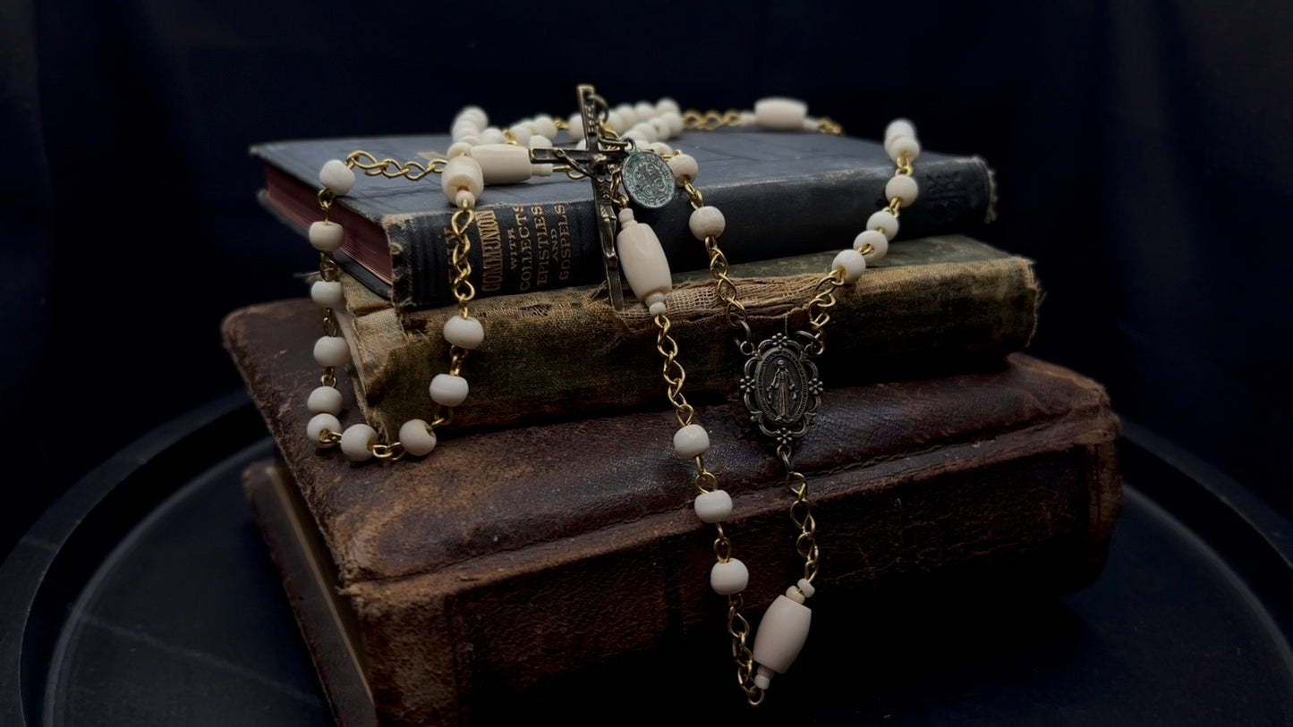 Artisan Bone Rosary with Hand-Forged Wire and Symbolic Emblems