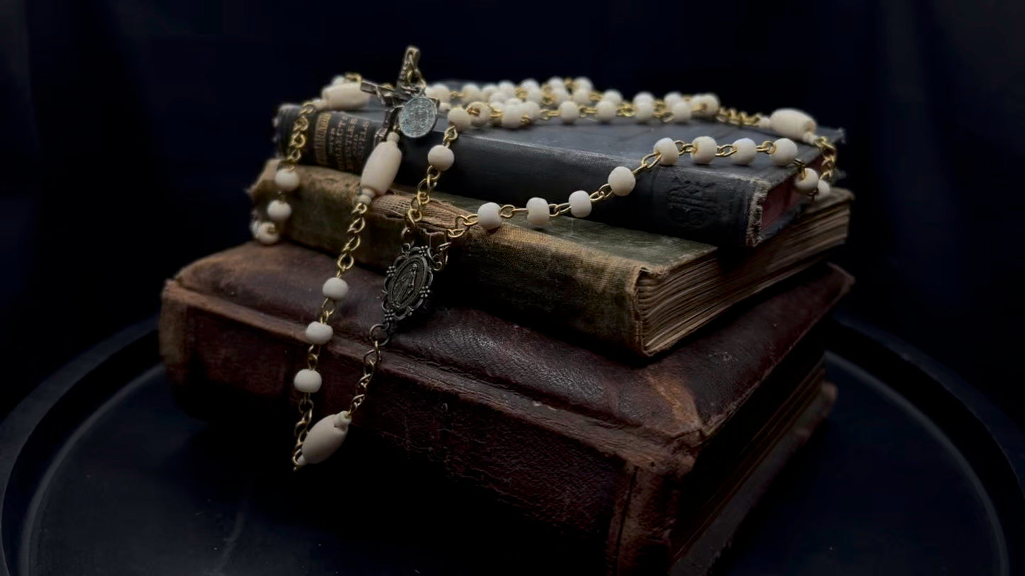 Artisan Bone Rosary with Hand-Forged Wire and Symbolic Emblems