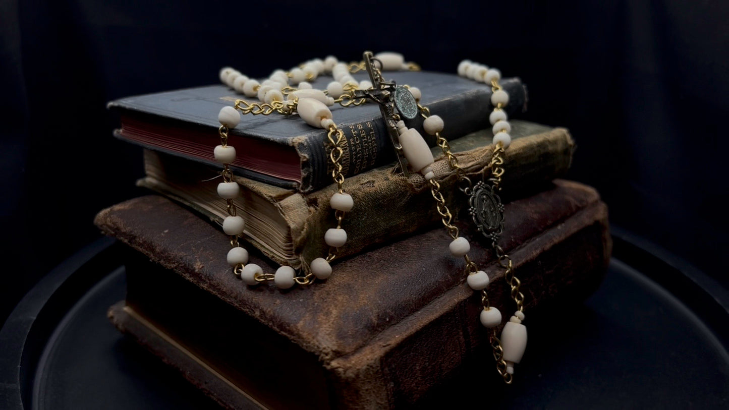 Artisan Bone Rosary with Hand-Forged Wire and Symbolic Emblems