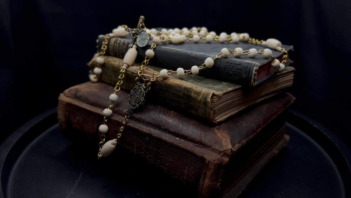 Artisan Bone Rosary with Hand-Forged Wire and Symbolic Emblems