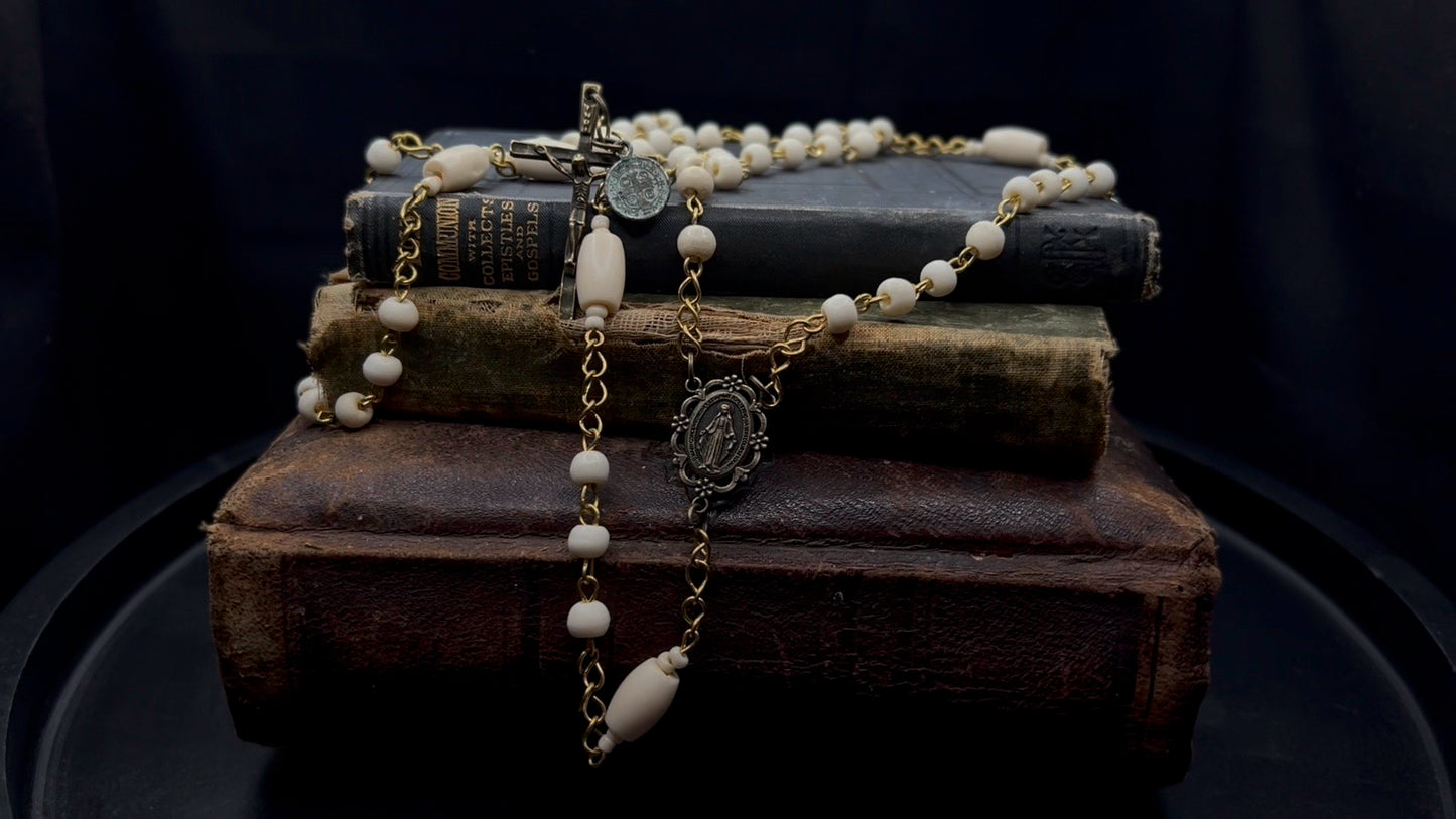 Artisan Bone Rosary with Hand-Forged Wire and Symbolic Emblems